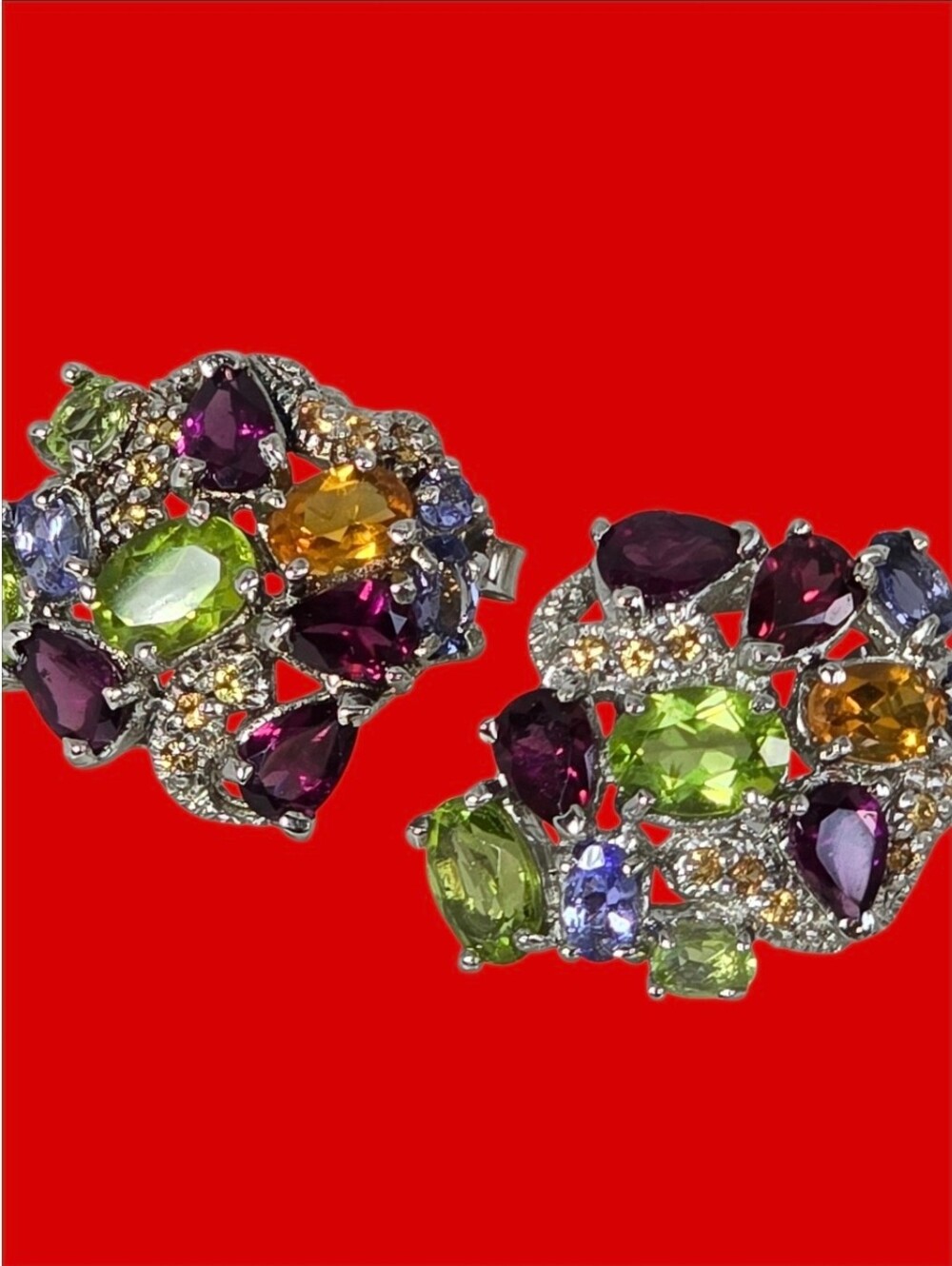 925 Sterling Silver Earrings With Natural Peridot, RhodolIte Garnet, Citrine